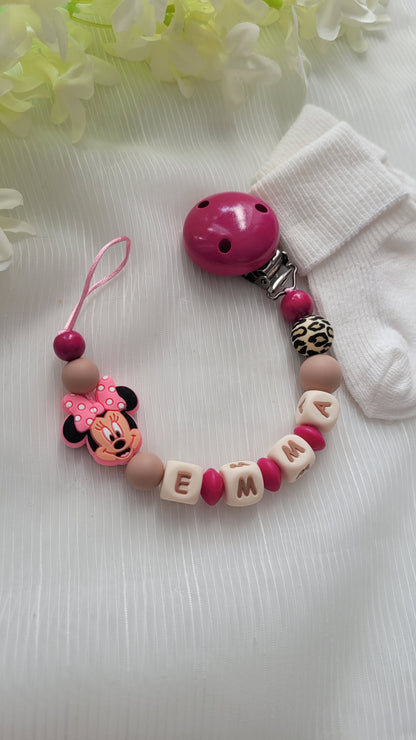 Kinderwagenkette & Schnullerkette mit Namen für Mädchen Maus pink sand