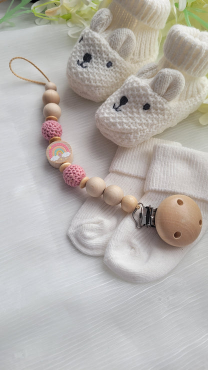 Schnullerkette Häkelperlen & Regenbogen rosa holz