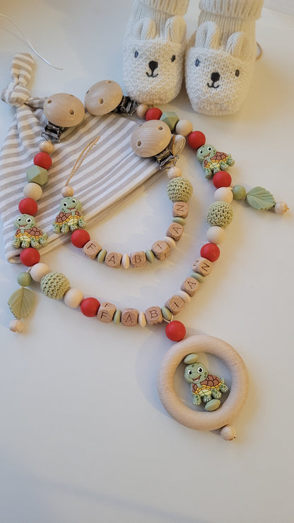 Schnullerkette Kinderwagenkette & Beissring mit Namen Schildkröte beige rost grün