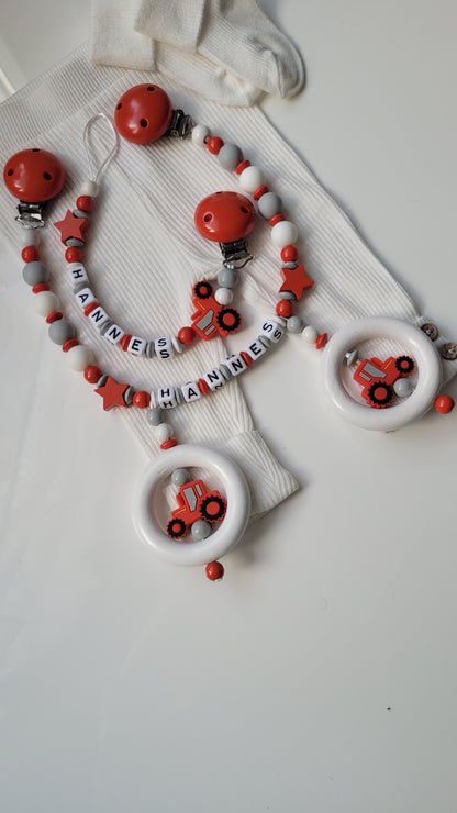 Kinderwagenkette & Schnullerkette *Traktor* rot