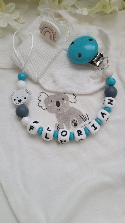 Kinderwagenkette & Schnullerkette Teddybär türkis