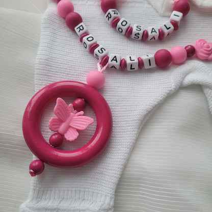 Kinderwagenkette & Schnullerkette Set Rosen & Schmetterlinge