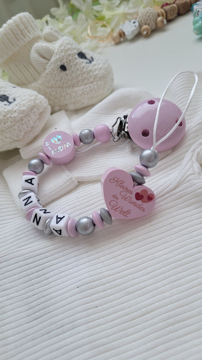 Schnullerkette mit Namen für Mädchen Kleines Wunder der Welt & I love Mom/ I love Dad rosa silber