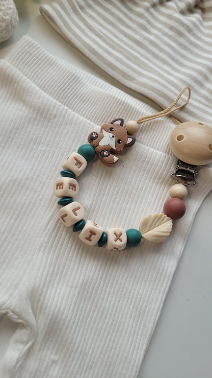 Schnullerkette mit Namen für Jungen Fuchs petrol beige