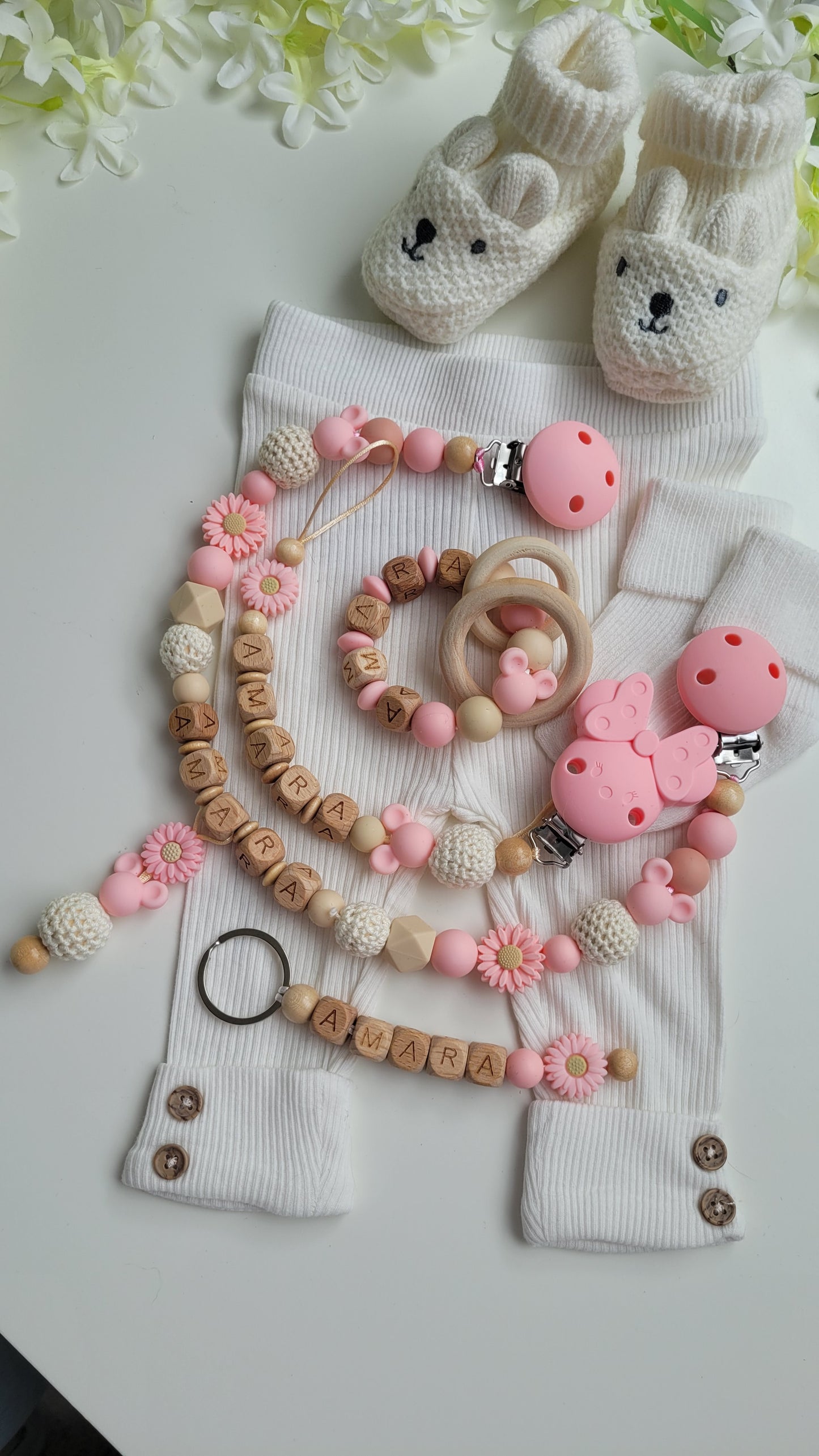 4tlg Traumset Schnullerkette Kinderwagenkette  Greifring und Schlüsselanhänger Maus apricot