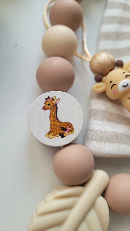 3er Set Schnullerkette Kinderwagenkette & Beissring mit Namen Giraffen & Blätter beige