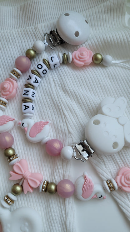 Kinderwagenkette & Schnullerkette *Schwan Prinzessin* rose apricot gold