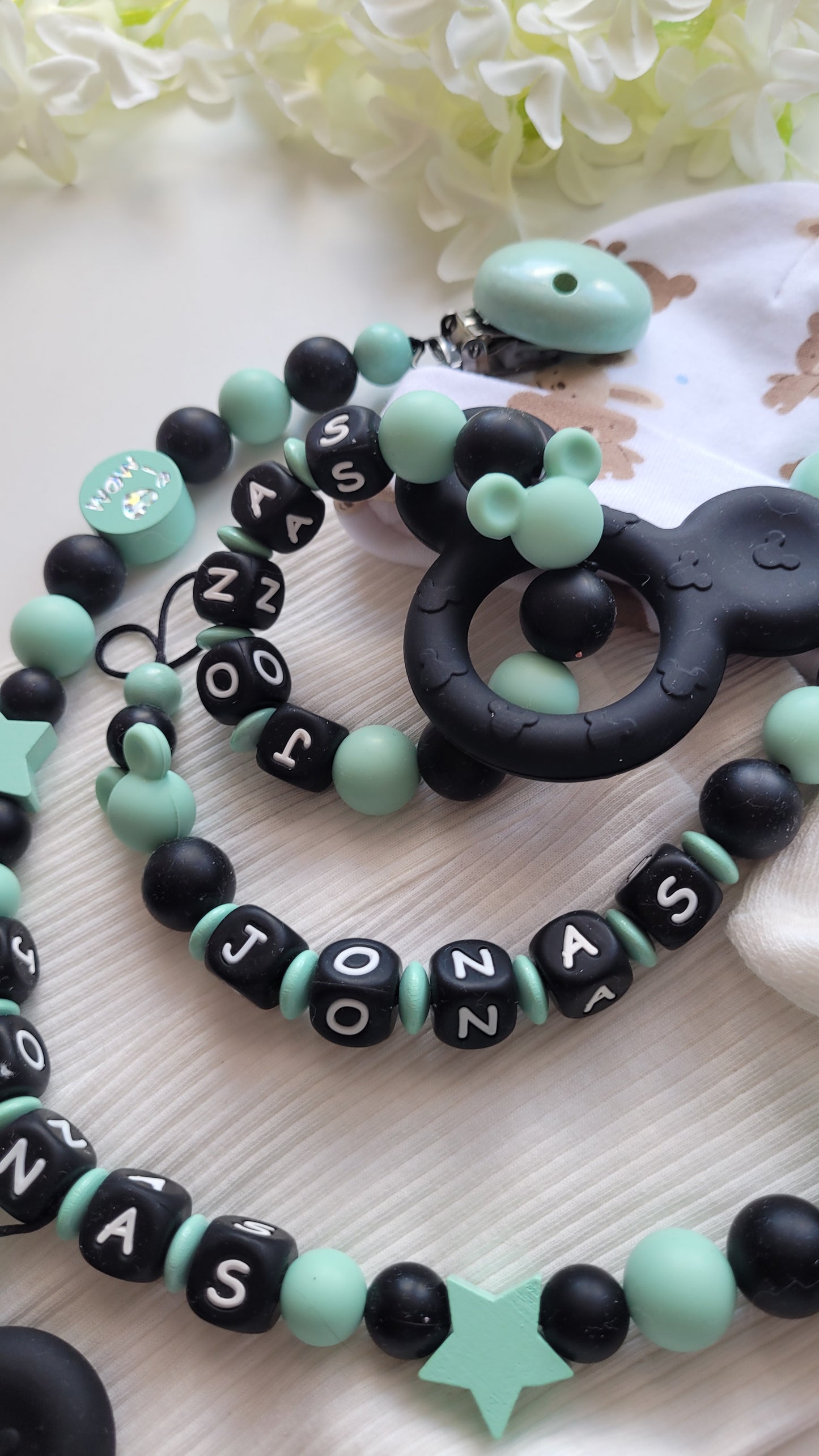 3er Set Schnullerkette, Kinderwagenkette & Greifring mit Namen Maus | mint türkis | JULEVI