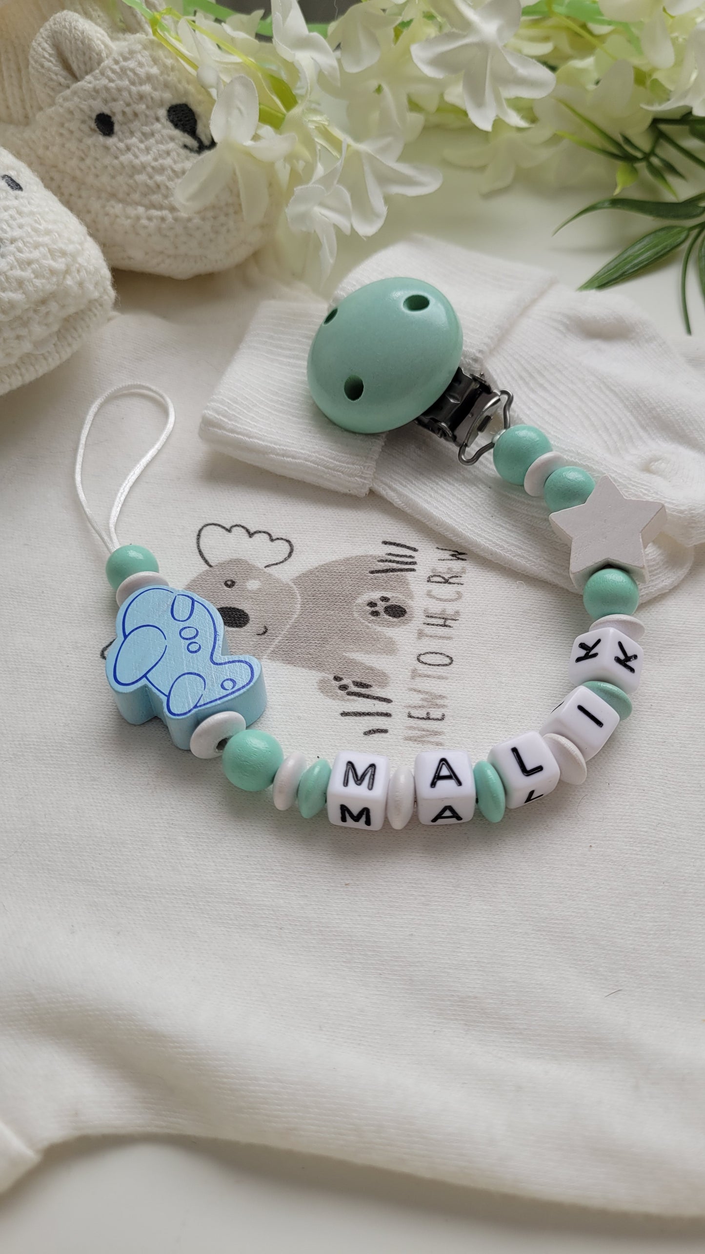 Schnullerkette mit Namen für Jungen Flugzeug mint