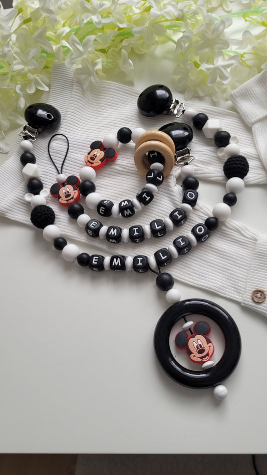 Komplett Set 3tlg Schnullerkette Kinderwagenkette Greifring mit Namen Mickey Maus schwarz weiß