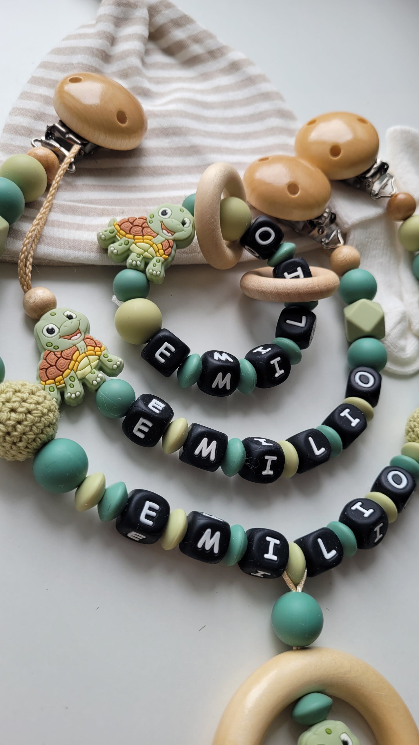 3er Set Schnullerkette Kinderwagenkette & Beissring mit Namen Schildkröte grün blaugrün