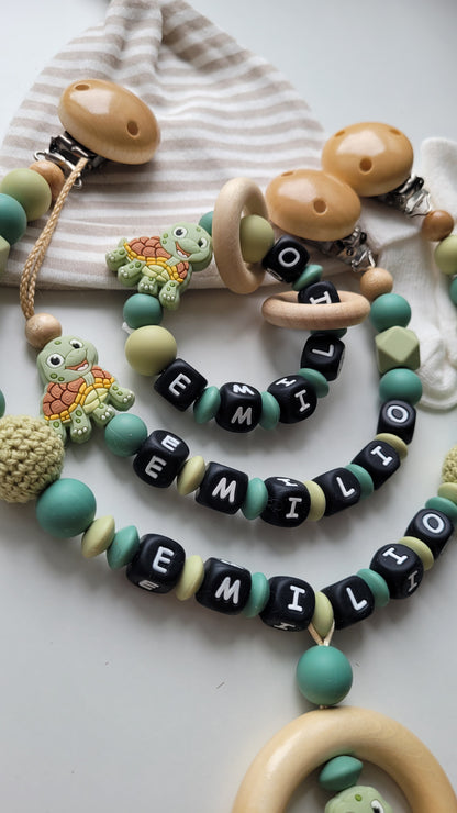 3er Set Schnullerkette Kinderwagenkette & Beissring mit Namen Schildkröte grün blaugrün
