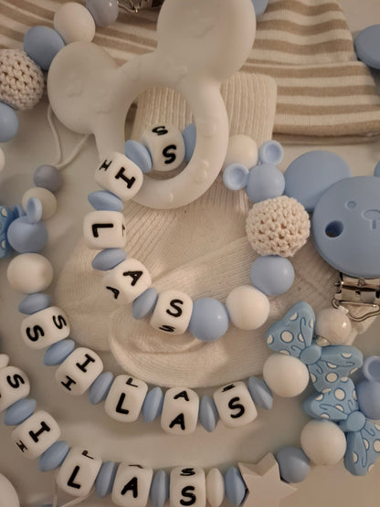 3er-Set Schnullerkette Kinderwagenkette & Greifring mit Namen Maus weiss hellblau