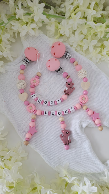 Kinderwagenkette & Schnullerkette mit Namen  Rehkitz peach rosa