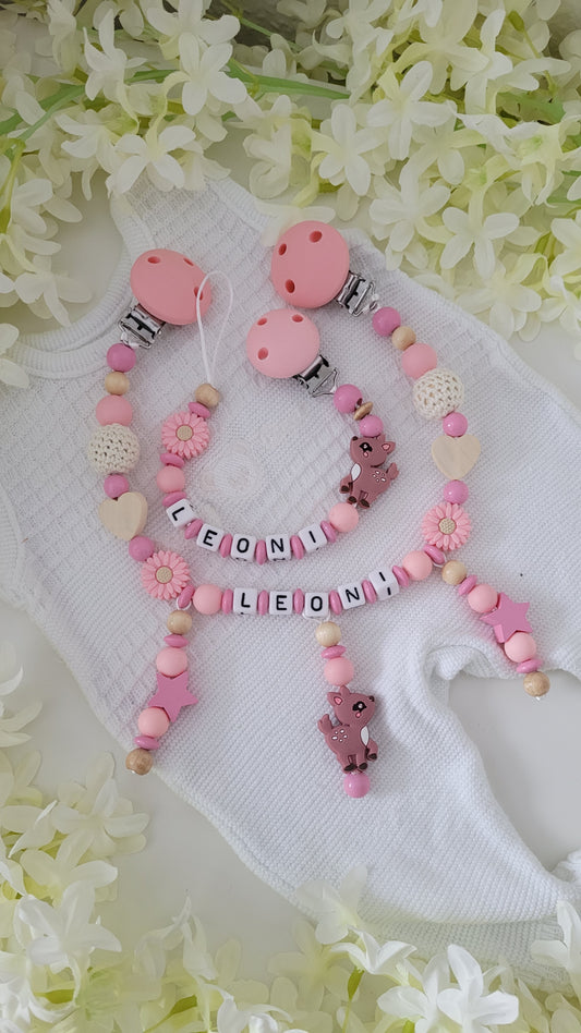 Kinderwagenkette & Schnullerkette mit Namen  Rehkitz peach rosa