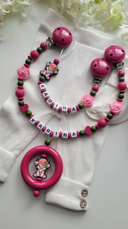 Kinderwagenkette & Schnullerkette mit Namen Kuh pink grün