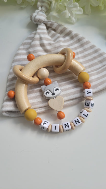 3tlg.Set Schnullerkette Kinderwagenkette & Greifring Fuchs orange holz