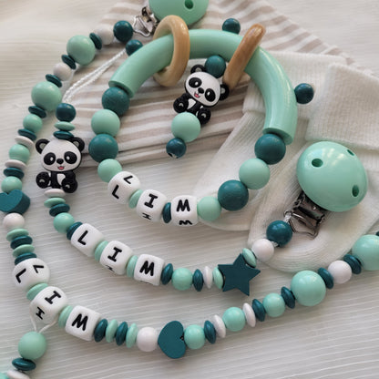 3tlg Schnullerkette Kinderwagenkette Greifring Panda mint petrol