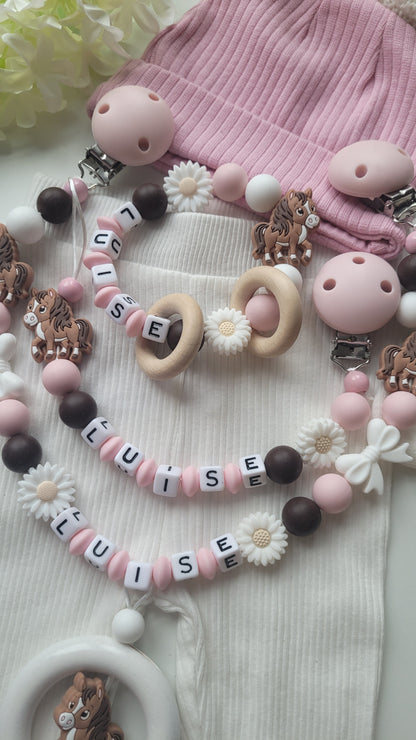 3er Set Kinderwagenkette, Schnullerkette & Greifring mit Namen – Pferd Silikon braun rosa