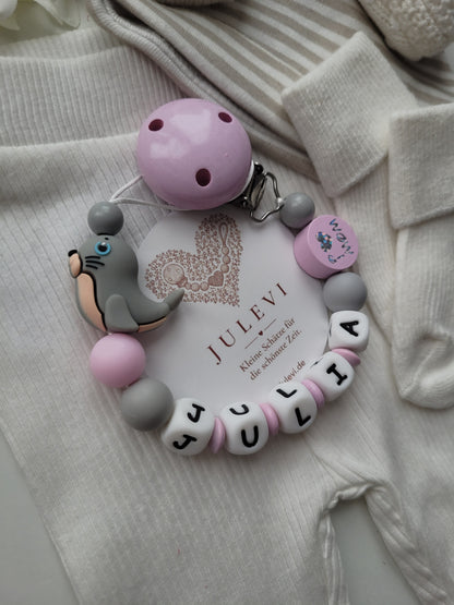 Schnullerkette mit Namen für Mädchen Robbe Silikon grau I love mom and dad rosa grau