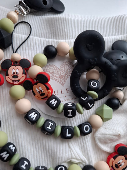 3er Set Schnullerkette Kinderwagenkette & Greifring mit Namen Maus schwarz grün beige