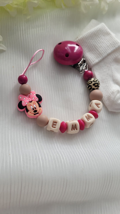 Kinderwagenkette & Schnullerkette mit Namen für Mädchen Maus pink sand