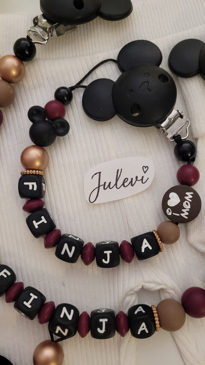 Schnullerkette mit Namen für Mädchen Maus weinrot rosegold