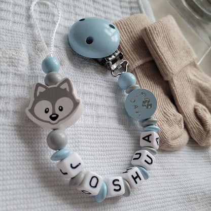Schnullerkette für Jungen mit Namen Fuchs & I Love Mom & Dad