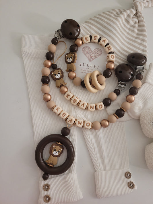 3er Set Schnullerkette, Kinderwagenkette & Greifring mit Namen Löwe braun gold