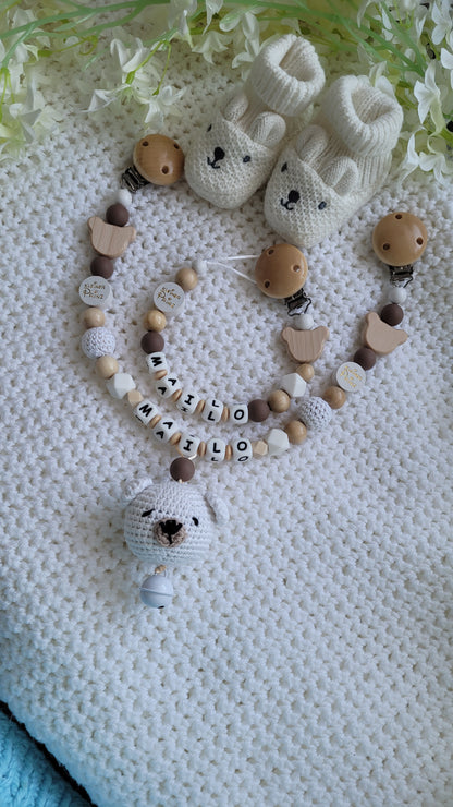 Kinderwagenkette & Schnullerkette Set Baby Teddy für Jungen braun weiss holz