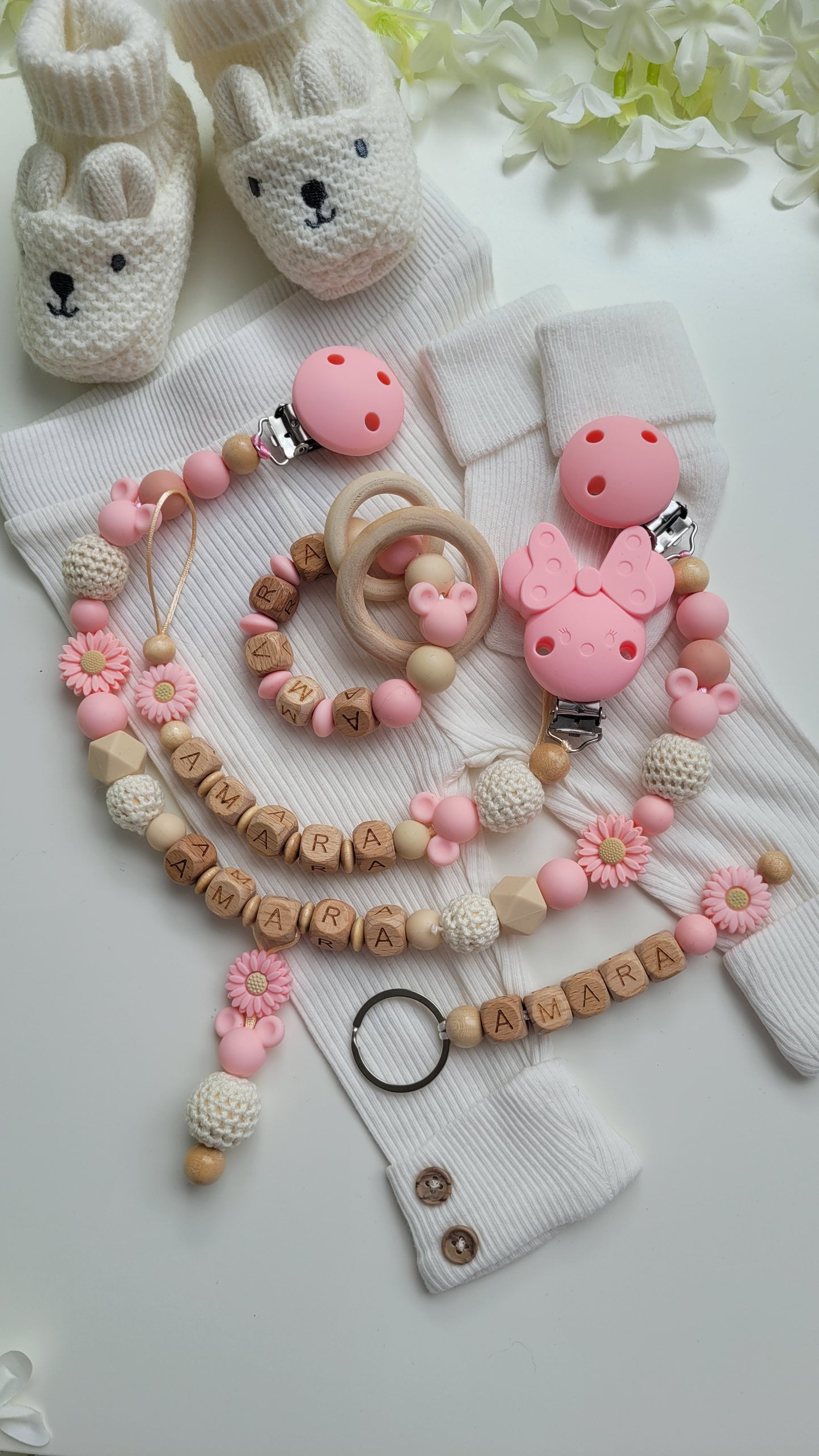 4tlg Traumset Schnullerkette Kinderwagenkette  Greifring und Schlüsselanhänger Maus apricot