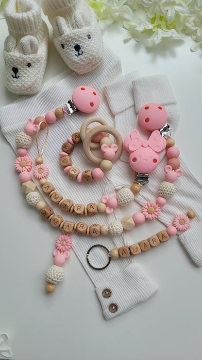 4tlg Traumset Schnullerkette Kinderwagenkette  Greifring und Schlüsselanhänger Maus apricot