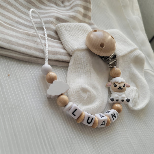 Schnullerkette mit Namen Wolke & Schäfchen weiß holz