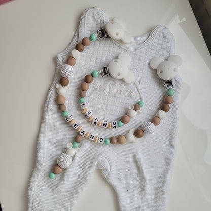Kinderwagenkette & Schnullerkette mit Namen *Maus* beige weiss mint