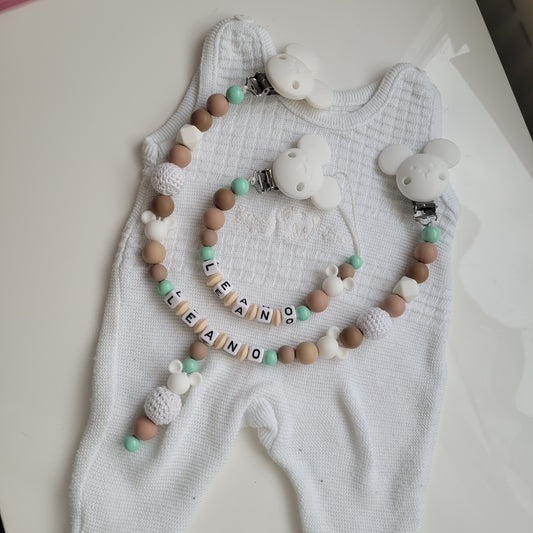 Kinderwagenkette & Schnullerkette mit Namen *Maus* beige weiss mint