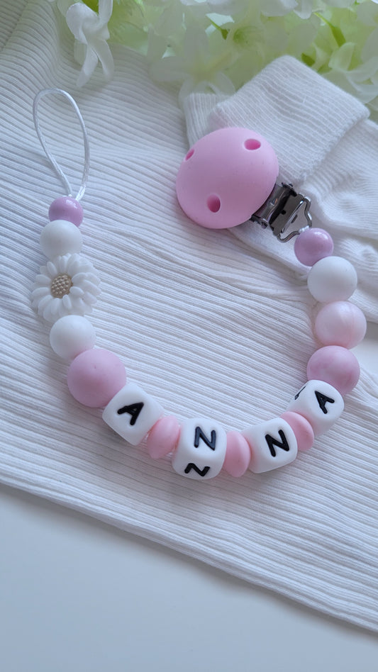 Schnullerkette mit Namen für Mädchen Blümchen rosa weiss