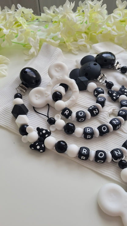 Komplett Set 3tlg Schnullerkette Kinderwagenkette Greifring mit Namen Maus schwarz weiß