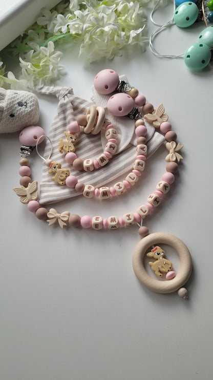 3er Set Schnullerkette Kinderwagenkette & Beissring mit Namen Reh & Schmetterlinge rosa taupe