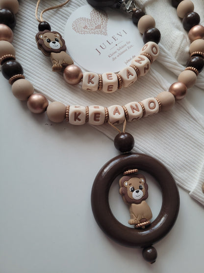 Kinderwagenkette & Schnullerkette Set mit Namen Löwe gold braun | personalisiert