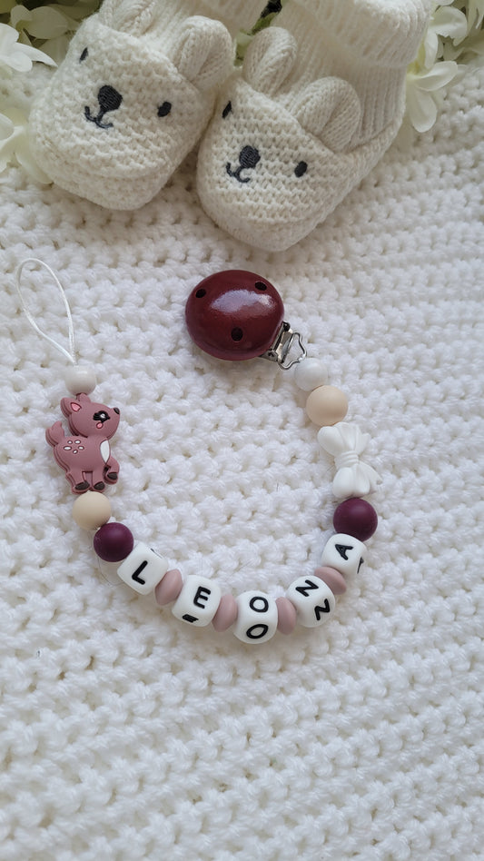 Schnullerkette mit Namen für Mädchen Reh weinrot beige