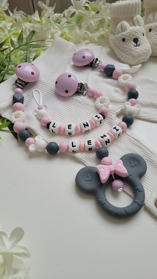 Kinderwagenkette & Schnullerkette *Minnie* grau rosa