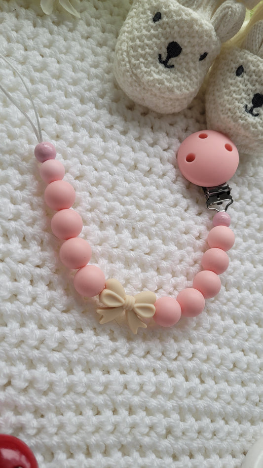 Schnullerkette Schleife rosa beige