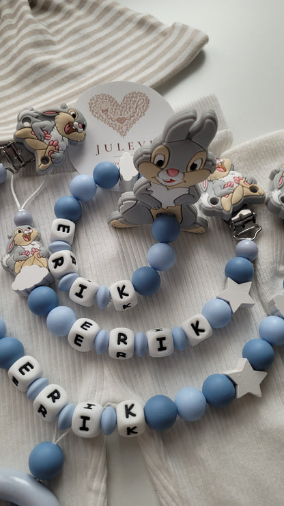 3tlg Set Schnullerkette Kinderwagenkette Beissring mit Namen Hase Wolken Sterne blau | personalisiert