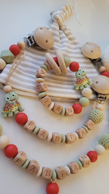 Schnullerkette Kinderwagenkette & Beissring mit Namen Schildkröte beige rost grün