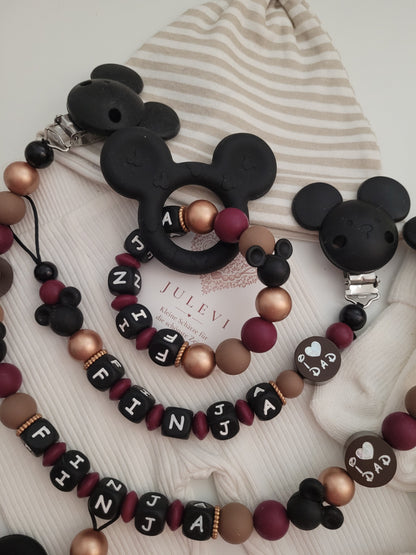 3er Set Schnullerkette, Kinderwagenkette & Mausbeißring mit Namen Roségold schwarz braun weinrot
