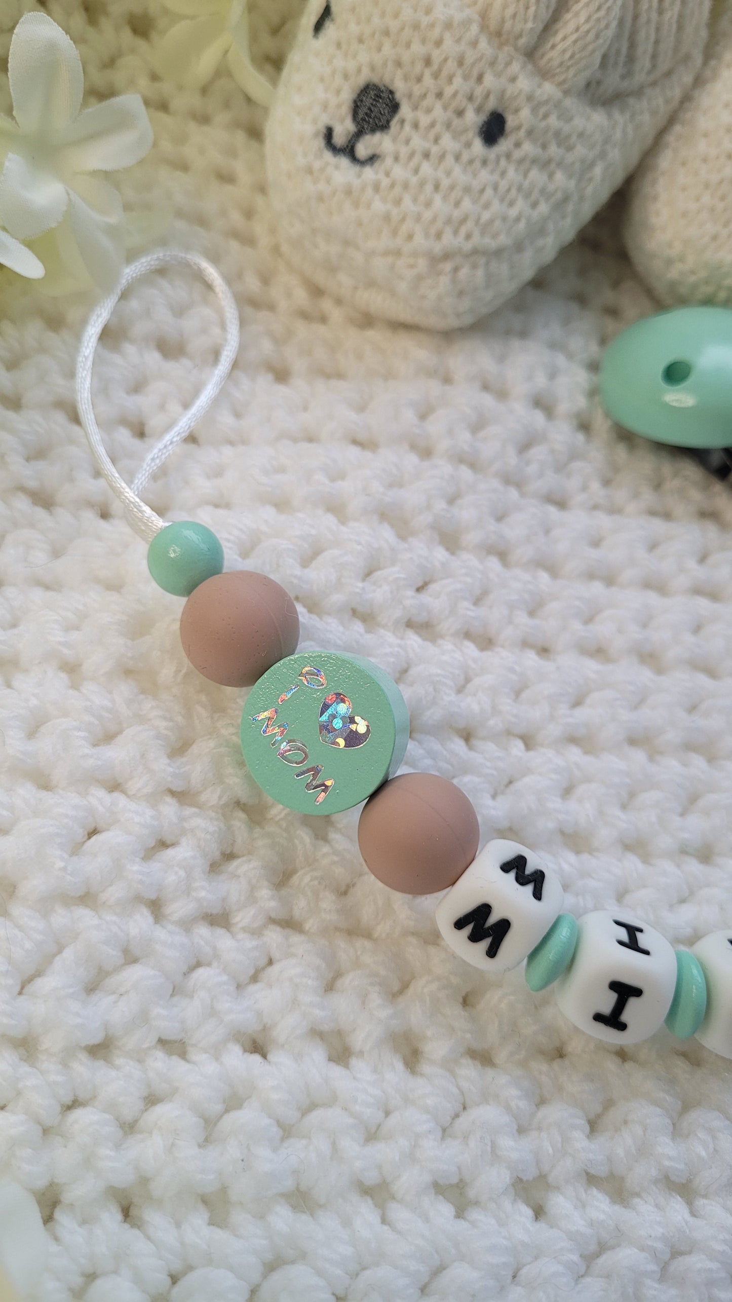 Schnullerkette i love Mom i love Dad für Jungen mit Namen