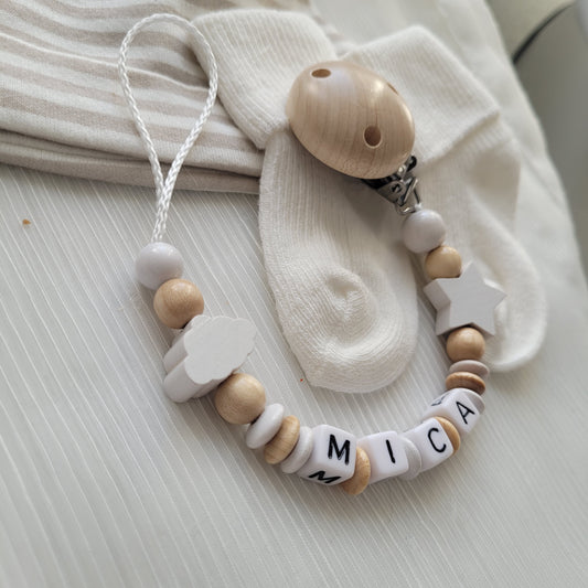 Schnullerkette für Jungen mit Namen Wolke & Stern weiss holz