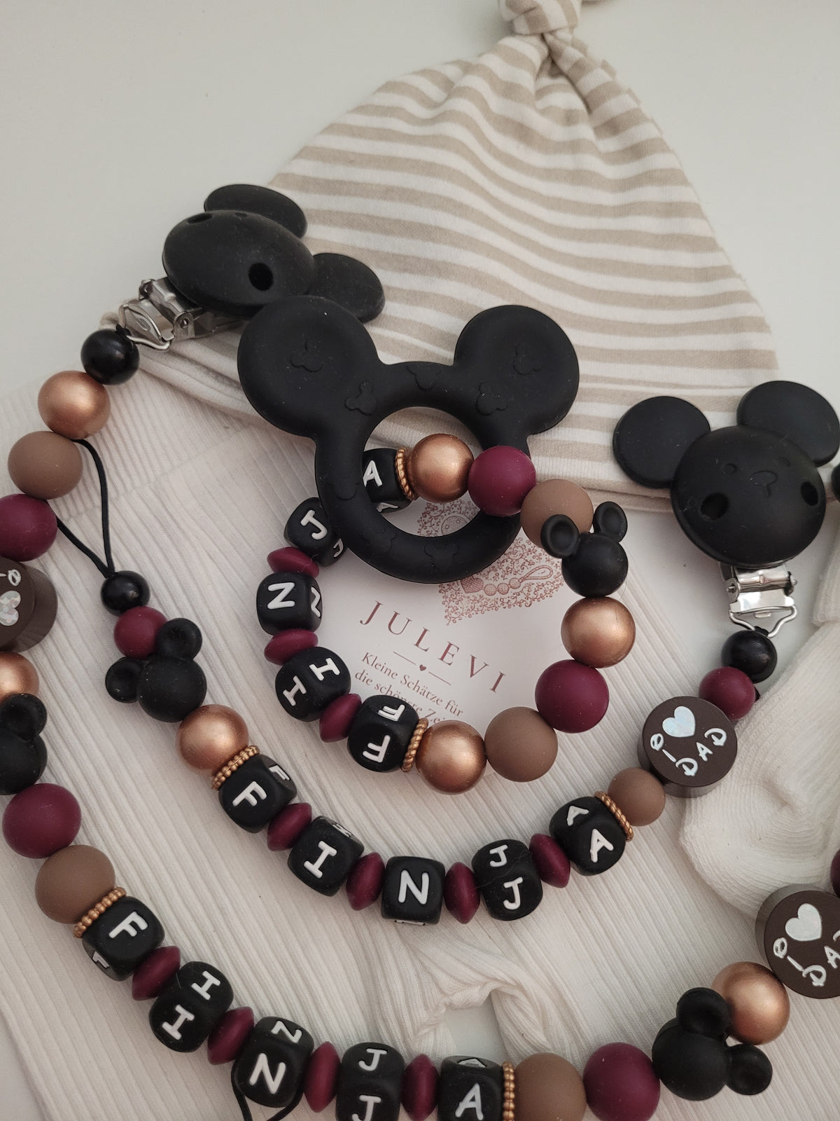 3er Set Schnullerkette, Kinderwagenkette & Mausbeißring mit Namen Roségold schwarz braun weinrot