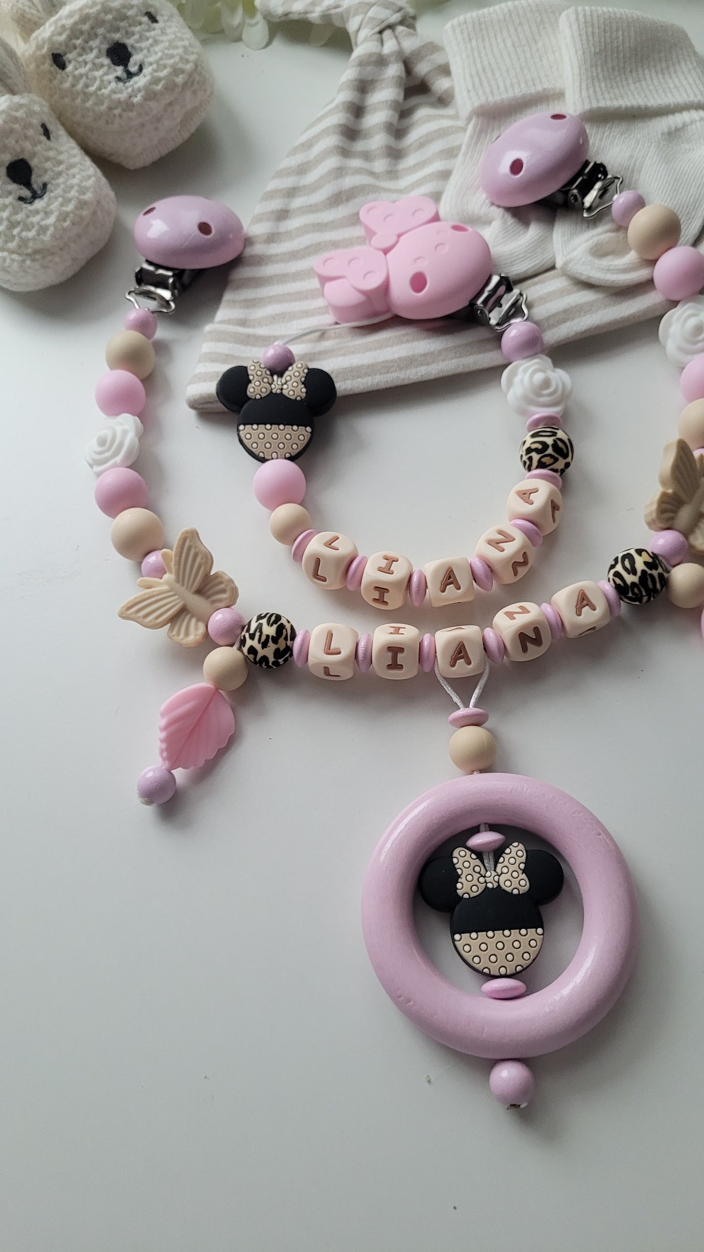 Kinderwagenkette & Schnullerkette mit Namen Minnie Maus Rosen leo