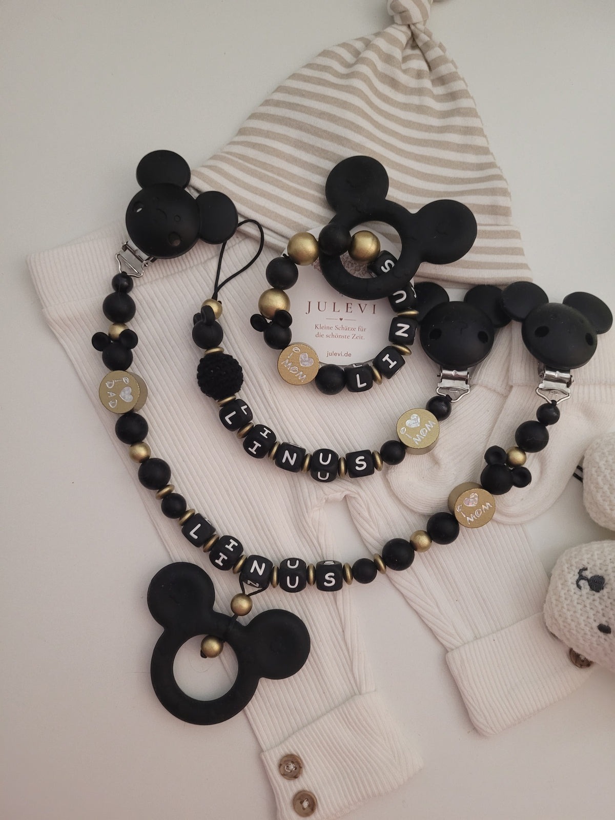3er Set Schnullerkette, Kinderwagenkette & Beißring mit Namen Maus schwarz gold